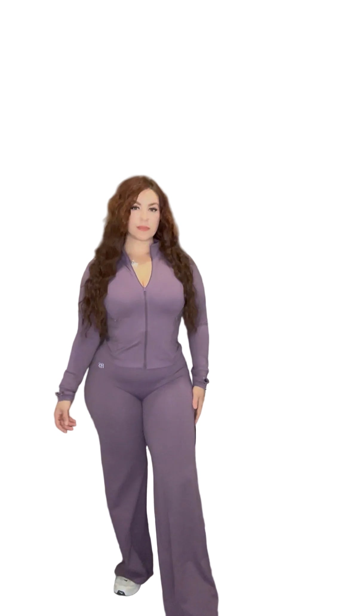 Model wearing classy-wide-flare-pants classy-wide-flare-pants in elegant purple color.